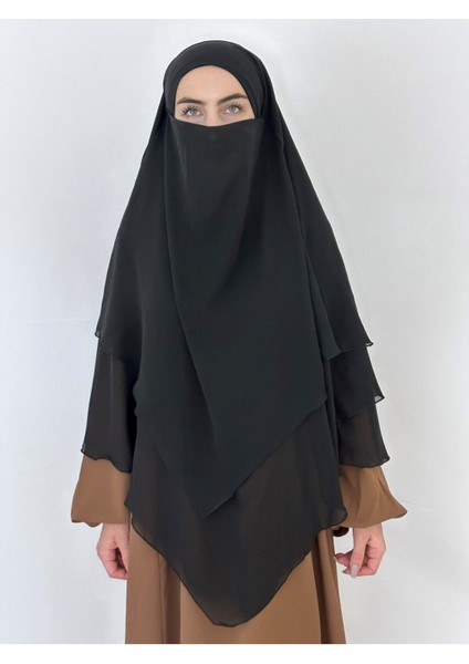 Üç Katlı Multı Sifon Sufle Eşarp ,khimar Hazır Eşarp Bağcıklı Eşarp Peçeli Siyah