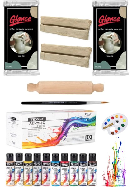 Doğal Seramik Hamuru Seramik Hamuru 1000X2 gr Rich Texco 10X60ML Akrilik Boya Seramik Set