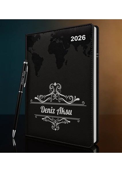Kişiye Özel Isimli Termo Sert Kapak 2026 Siyah Ajanda & Kalem -2, Öğretmenler Günü Hediyesi, Yeni Iş Hediyesi