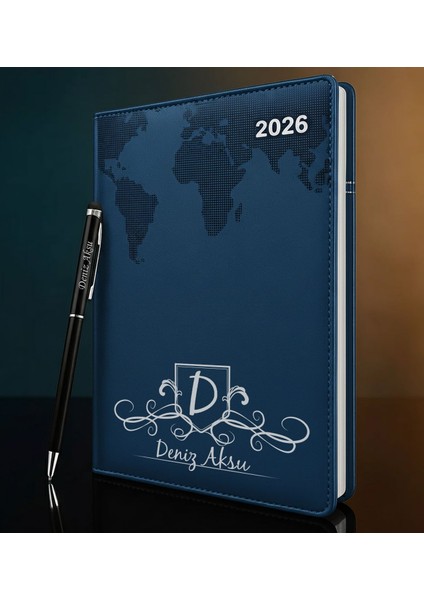 Kişiye Özel Isimli Termo Sert Kapak 2026 Lacivert Ajanda & Kalem -10, Öğretmenler Günü Hediyesi, Yeni Iş Hediyesi