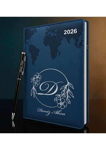 Kişiye Özel Isimli Termo Sert Kapak 2026 Lacivert Ajanda & Kalem -7, Öğretmenler Günü Hediyesi, Yeni Iş Hediyesi