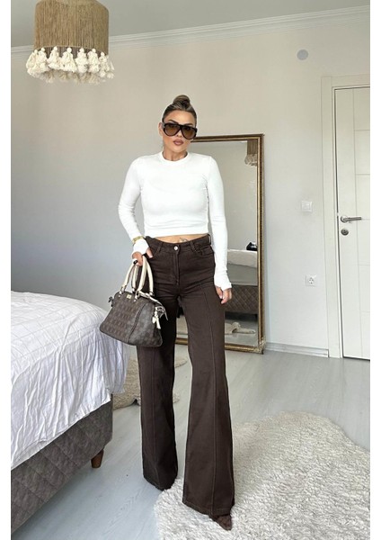 Dikiş Detay Denim Palazzo Pantolon Kahverengi modelleri