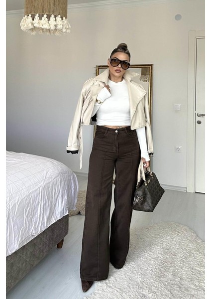 Dikiş Detay Denim Palazzo Pantolon Kahverengi fırsatları