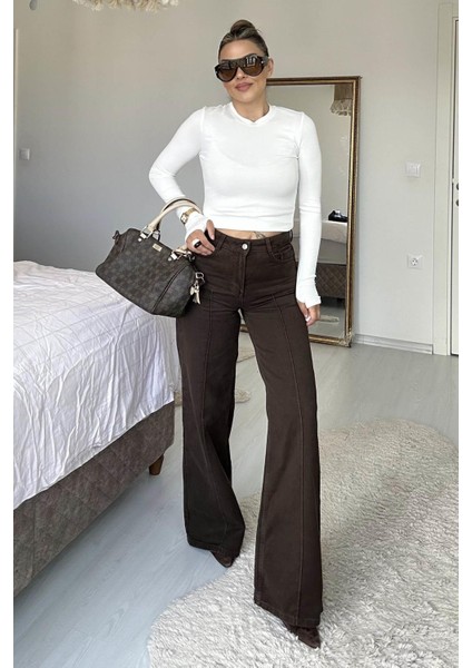 Dikiş Detay Denim Palazzo Pantolon Kahverengi indirimleri