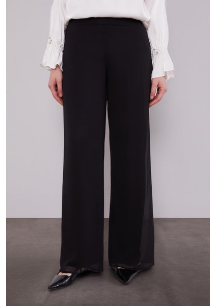 Siyah Bol Paça Şifon Pantolon
