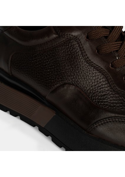 Erkek Kahve Bağcıklı Kalın Tabanlı Deri Sneaker