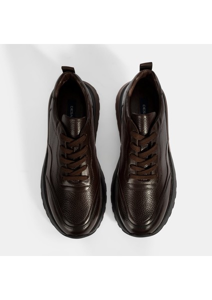 Erkek Kahve Bağcıklı Kalın Tabanlı Deri Sneaker