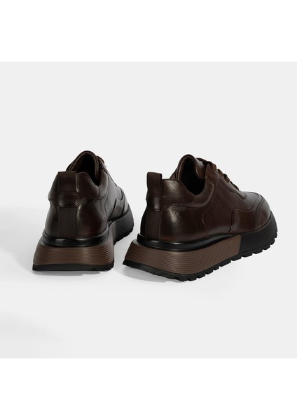 Erkek Kahve Bağcıklı Kalın Tabanlı Deri Sneaker