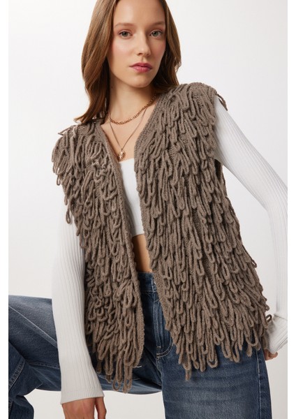 Saçaklı Triko Yelek LNS0093 Vizon