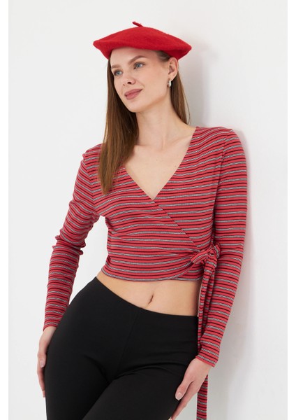Kadın Kruvaze Uzun Kollu Bağlamalı Crop Top Bluz