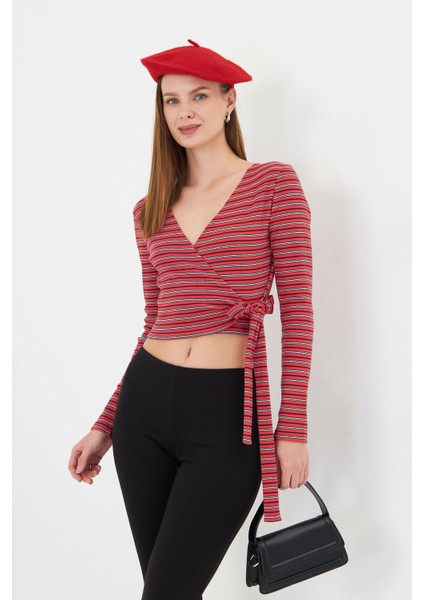 Kadın Kruvaze Uzun Kollu Bağlamalı Crop Top Bluz fiyatları