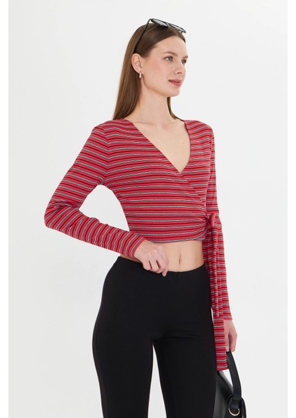 Kadın Kruvaze Uzun Kollu Bağlamalı Crop Top Bluz modelleri