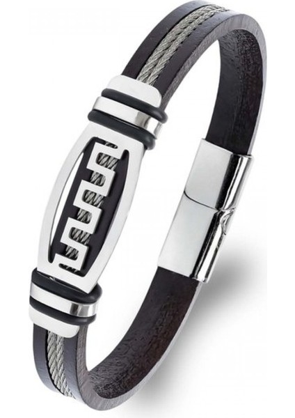 Meander Motifli Çelik Halatlı Deri Erkek Bileklik 9594B17D1