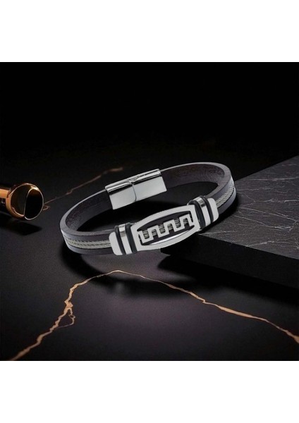 Meander Motifli Çelik Halatlı Deri Erkek Bileklik 9594B17D1 modelleri