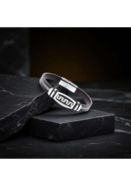 Meander Motifli Çelik Halatlı Deri Erkek Bileklik 9594B17D1 fırsatları