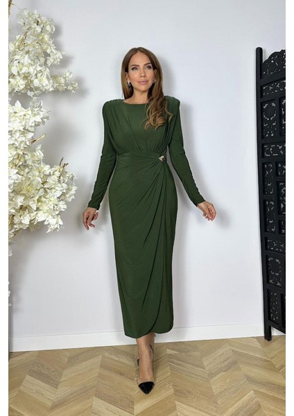 G1562 Drape ve Broş Detaylı Elbise Haki