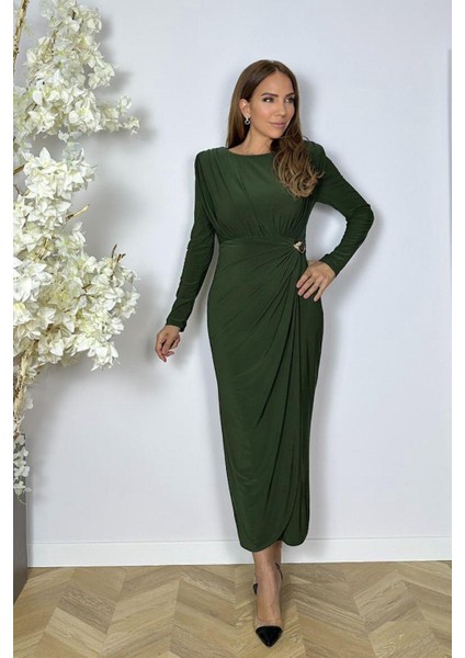 G1562 Drape ve Broş Detaylı Elbise Haki fiyatları