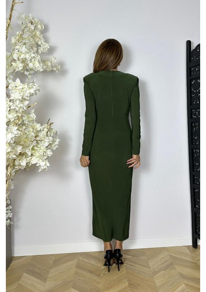 G1562 Drape ve Broş Detaylı Elbise Haki modelleri