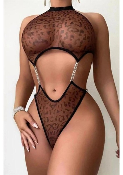 Transparan Leopar Desenli Zincir Detaylı Fantezi Body modelleri