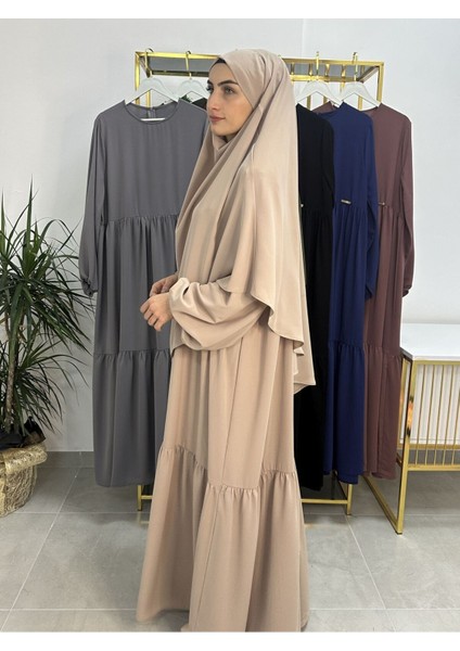 Ferace & Abaya Sufle Eşarp ve Iki Kat Büzgülü Elbise Takım.hijab .hac ve Umre Için Uygundur Bej modelleri