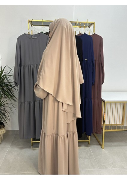 Ferace & Abaya Sufle Eşarp ve Iki Kat Büzgülü Elbise Takım.hijab .hac ve Umre Için Uygundur Bej fırsatları