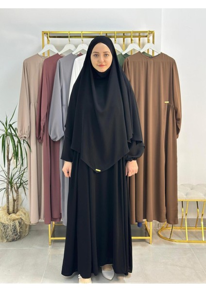 Yandan Büzgülü Elbise Sufle Esarp Takım Jilbab,abaya,hijab ( Hac ve Umre Için Uygundur) Siyah