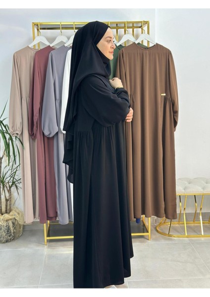 Yandan Büzgülü Elbise Sufle Esarp Takım Jilbab,abaya,hijab ( Hac ve Umre Için Uygundur) Siyah modelleri