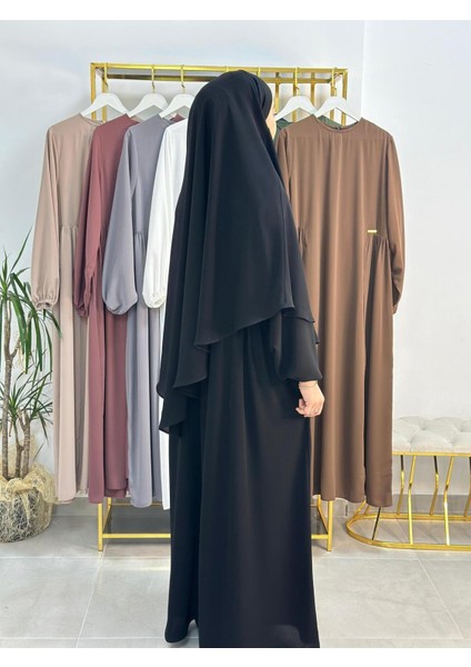 Yandan Büzgülü Elbise Sufle Esarp Takım Jilbab,abaya,hijab ( Hac ve Umre Için Uygundur) Siyah