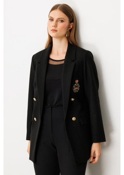 Kadın Büyük Beden Cebi Armalı Ceket 5571 Siyah