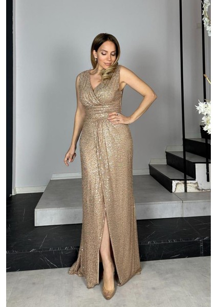 G1360 Drape Detaylı Payet Abiye Elbise Gold