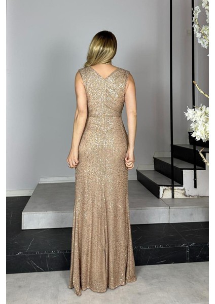 G1360 Drape Detaylı Payet Abiye Elbise Gold fiyatları