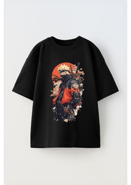 Naruto 5 Baskılı Ünisex Pamuk Siyah Oversize T Shirt