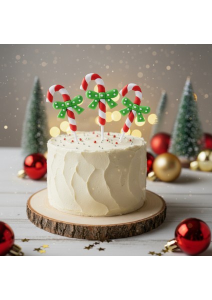 5 Adet Fiyonklu Şeker Bastonu Pasta Süsü Seti - Noel Temalı Candy Cane Cupcake Topper Figürü