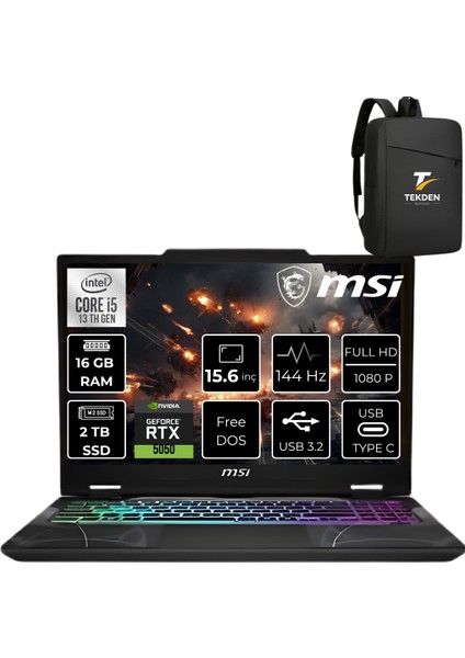 Msı Msı Cyborg 15 Intel Core I7 13620H 16GB Ddr5 2tb SSD RTX5050 Gddr7 8gb Windows 11 Pro 15.6" Fullhd (1920X1080) 144HZ Ips&tekdençanta