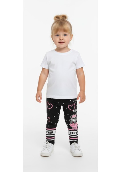 Kedi ve Kalp Baskılı Şardonlu Kız Çocuk Tayt