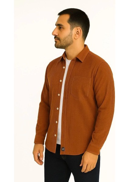 Erkek Fitilli Kadife Cepli Gömlek Oversize Rahat Kalıp - Kahverengi