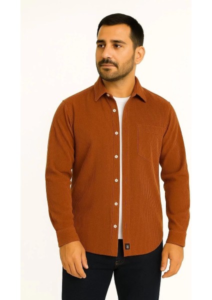 Erkek Fitilli Kadife Cepli Gömlek Oversize Rahat Kalıp - Kahverengi modelleri
