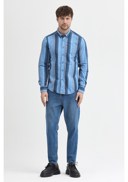 Regular Fit Pamuk Karışımlı Melanj Çizgili Düğmeli Yaka Erkek Gömlek