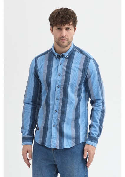 Regular Fit Pamuk Karışımlı Melanj Çizgili Düğmeli Yaka Erkek Gömlek fiyatları