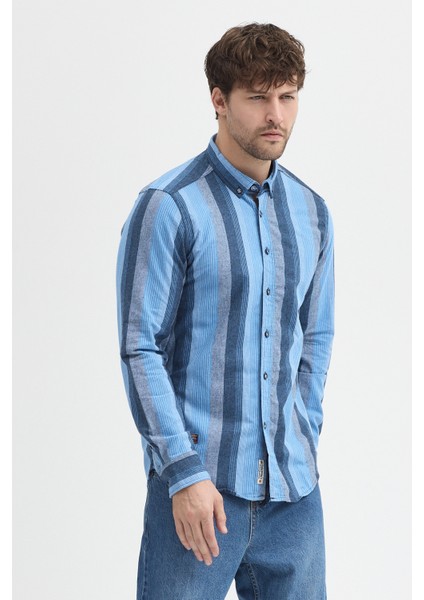 Regular Fit Pamuk Karışımlı Melanj Çizgili Düğmeli Yaka Erkek Gömlek modelleri