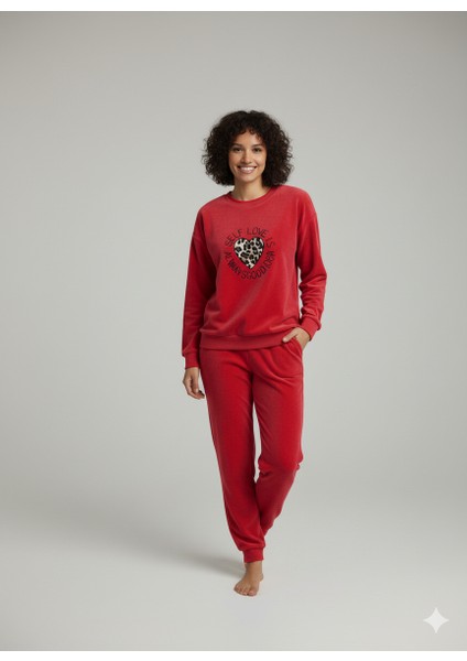 Kışlık Polar Kumaş Uzun Kol Kadın Pijama Takımı