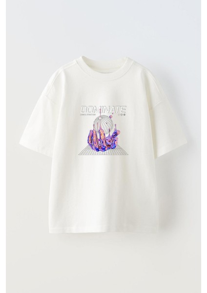 Dominate Ön Baskılı Pamuk Beyaz Oversize T Shirt