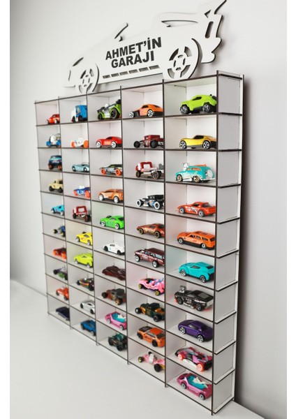 Lucent Tasarım 50 Araçlık Ahşap Duvar Rafı Araba Görselli Beyaz ( Hotweels ve Matchbo x )