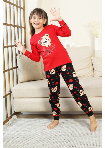 Kız Çocuk Ayıcık Baskılı %100 Pamuk Interlok Kumaş Pijama Takımı 12347