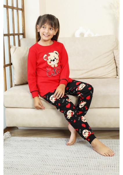 Kız Çocuk Ayıcık Baskılı %100 Pamuk Interlok Kumaş Pijama Takımı 12347 modelleri