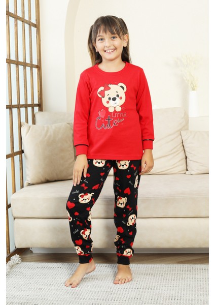 Kız Çocuk Ayıcık Baskılı %100 Pamuk Interlok Kumaş Pijama Takımı 12347 fırsatları