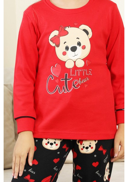 Kız Çocuk Ayıcık Baskılı %100 Pamuk Interlok Kumaş Pijama Takımı 12347 indirimleri