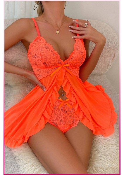 Kadın Zarif Turuncu Tül Gecelik ve Külot Takım