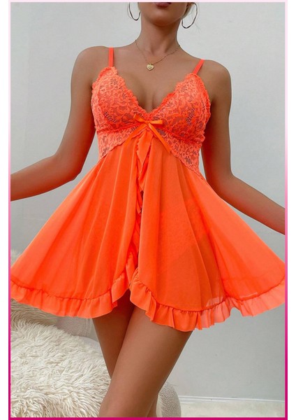 Kadın Zarif Turuncu Tül Gecelik ve Külot Takım fiyatları