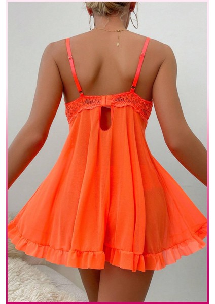 Kadın Zarif Turuncu Tül Gecelik ve Külot Takım fırsatları